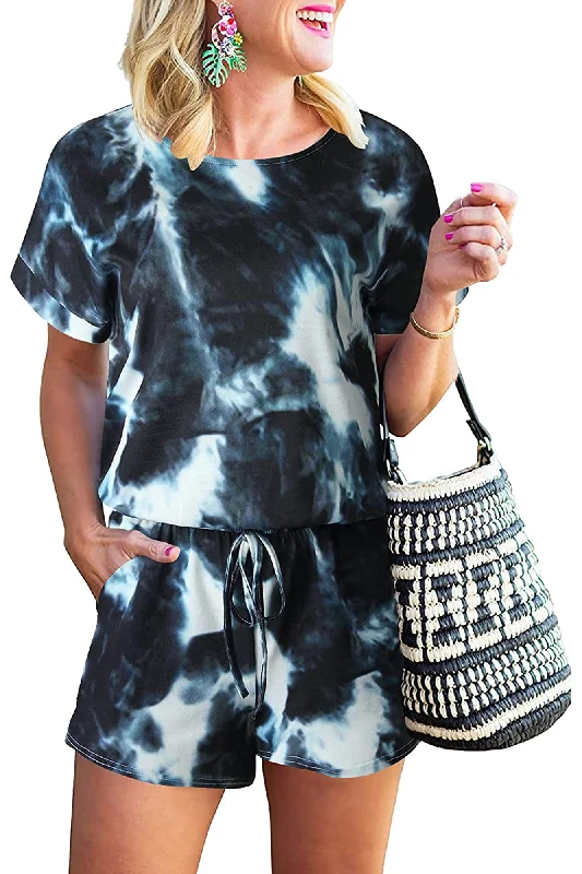 Bingerlily Women Blue Tie Dye Short Sleeve Romper Animal Print Romper Wild