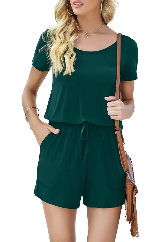 Bingerlily Women Dark Green Short Sleeve Romper Deep Back Romper Stylish
