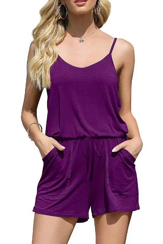 Bingerlily Women Purple Spaghetti Strap Romper Stretchy Smocked Romper Casual