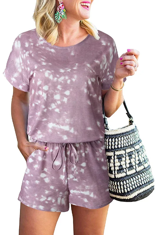 Bingerlily Women Purple Tie Dye Short Sleeve Romper Smocked Top Romper Casual