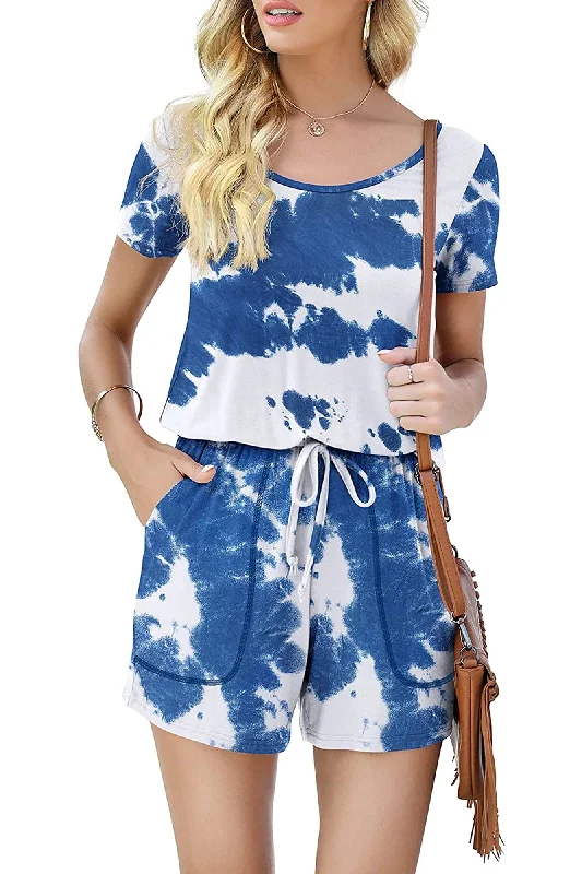 Bingerlily Women Tie Dye Blue Short Sleeve Romper Sheer Overlay Romper Glam