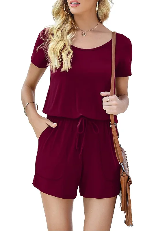 Bingerlily Women Wine Red Short Sleeve Romper Playful Rainbow Romper Colorful