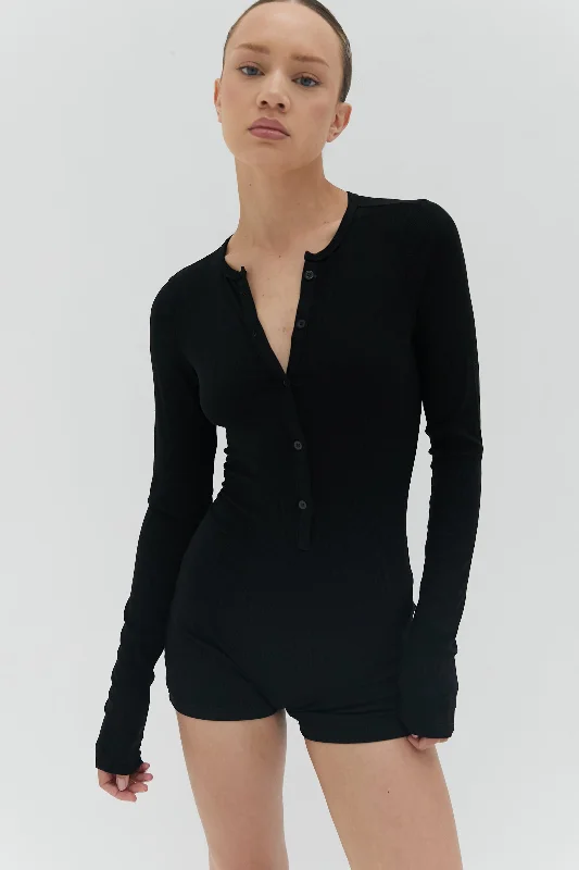 Button Ribbed Romper - Black Vibrant Print Romper Fashion
