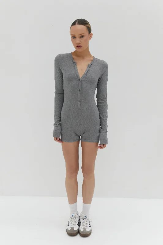 Button Ribbed Romper - Grey Breezy Beach Romper Summer