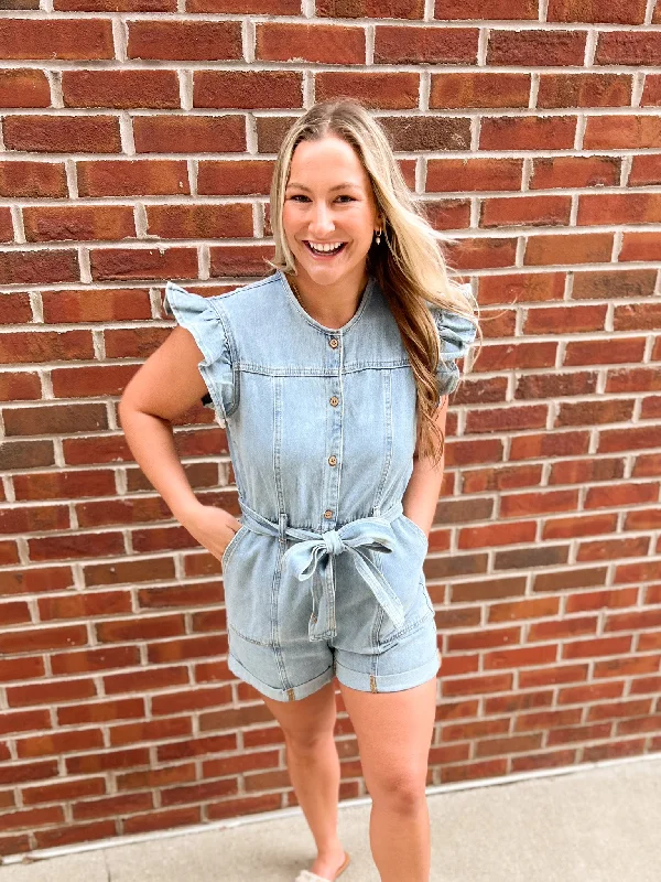 Denim Ruffle Sleeve Romper Snakeskin Print Romper Trendy