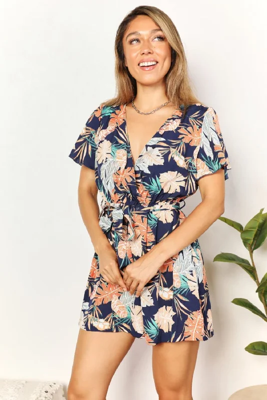 Double Take Botanical Print Surplice Neck Tie Waist Romper Two Piece Romper Set