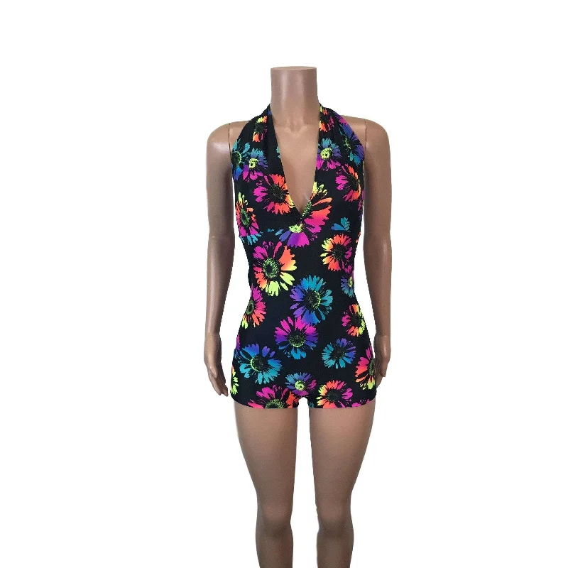 SALE - Halter Romper - Electric Daisy Neon Draped Chiffon Romper Elegant