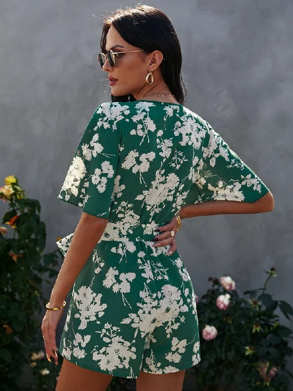 Front Allover Floral Print Belted Playsuits Wide Leg Pants Rompers High Leg Cut Romper