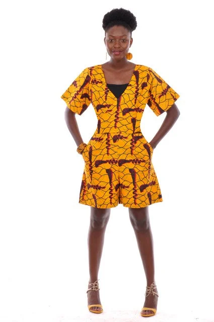 Golden Yellow Print Romper-DP3744 Classic Navy Romper Chic
