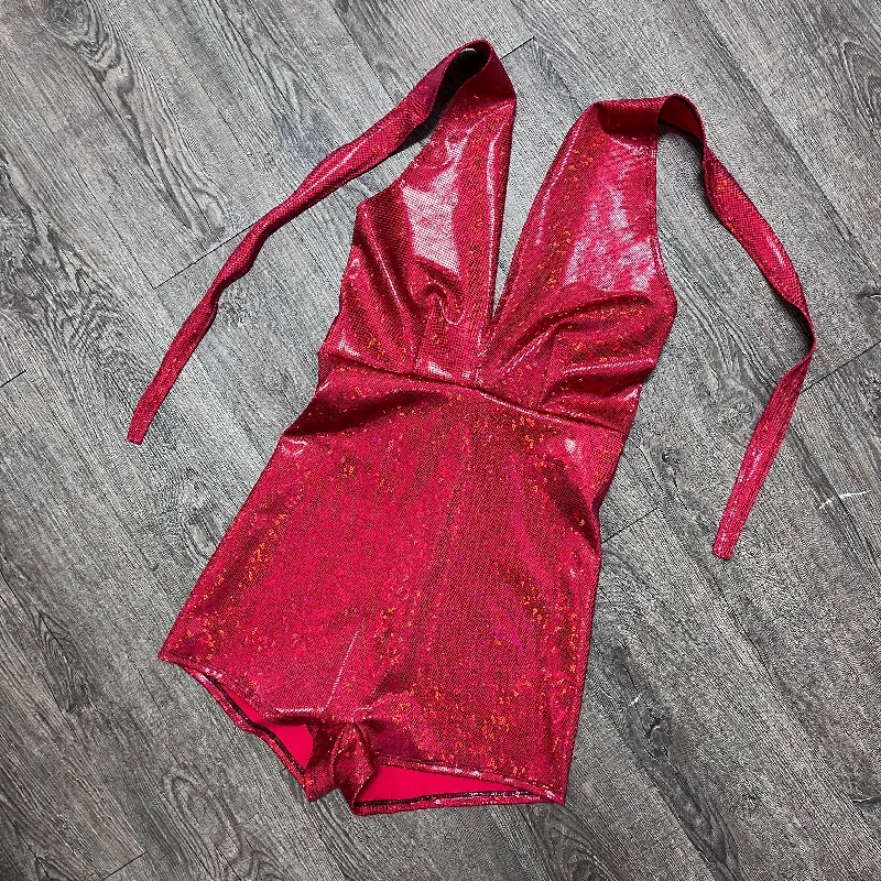 Halter Romper - Red Shattered Glass Holographic Feather Detail Romper Luxe