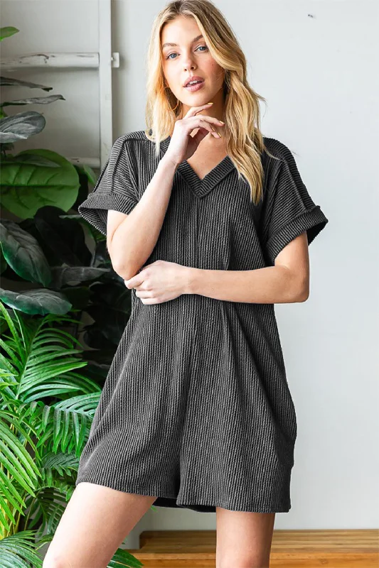 Heimish Full Size Short Sleeve Ribbed Romper with Pockets Party romper dress women