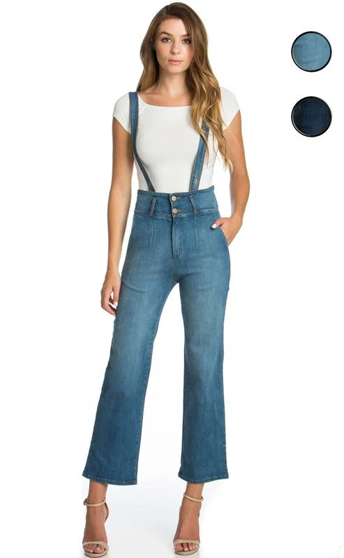 High Waist Flare Overall jean denim romper Romper with belt women