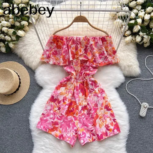 Women's Floral Off Shoulder Designer Fashion Ruffled Rompers Asymmetric Hem Romper Fashion
