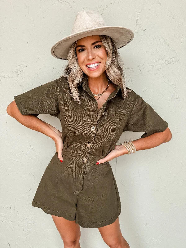 Just For Today Button Front Romper-Olive Contrast Color Romper Chic