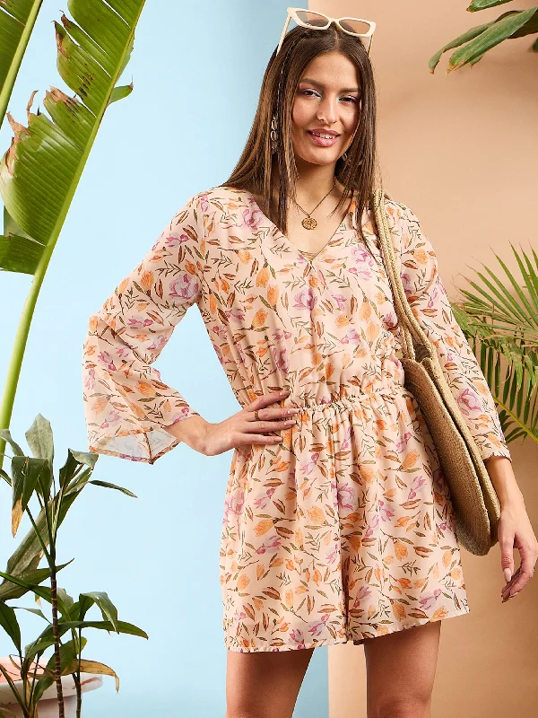 Women Peach Floral Wrap Romper Lounge Ready Romper Cozy