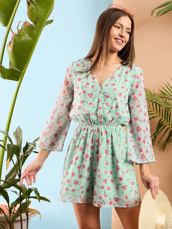 Women Sea Green Floral Wrap Romper Festival Fringe Romper Fun