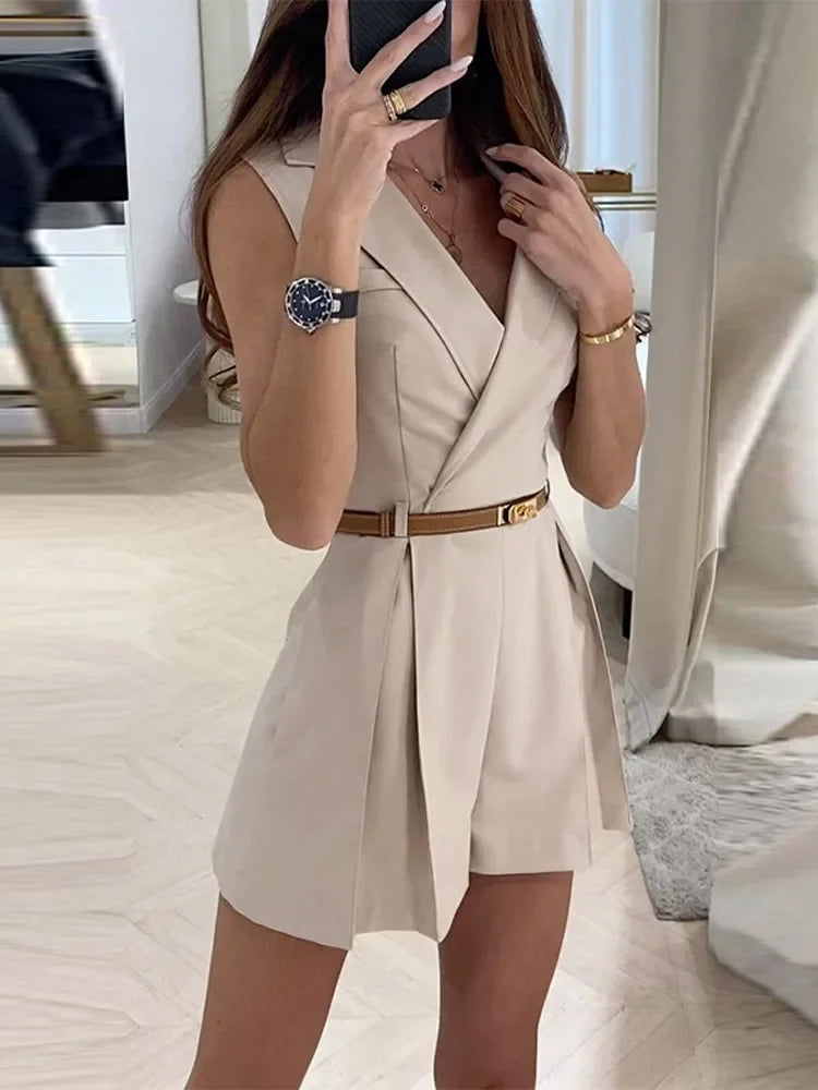 Women's Turn Down Collar Fashion Designer Belted Playsuit Rompers Ruffled Baby Doll Romper