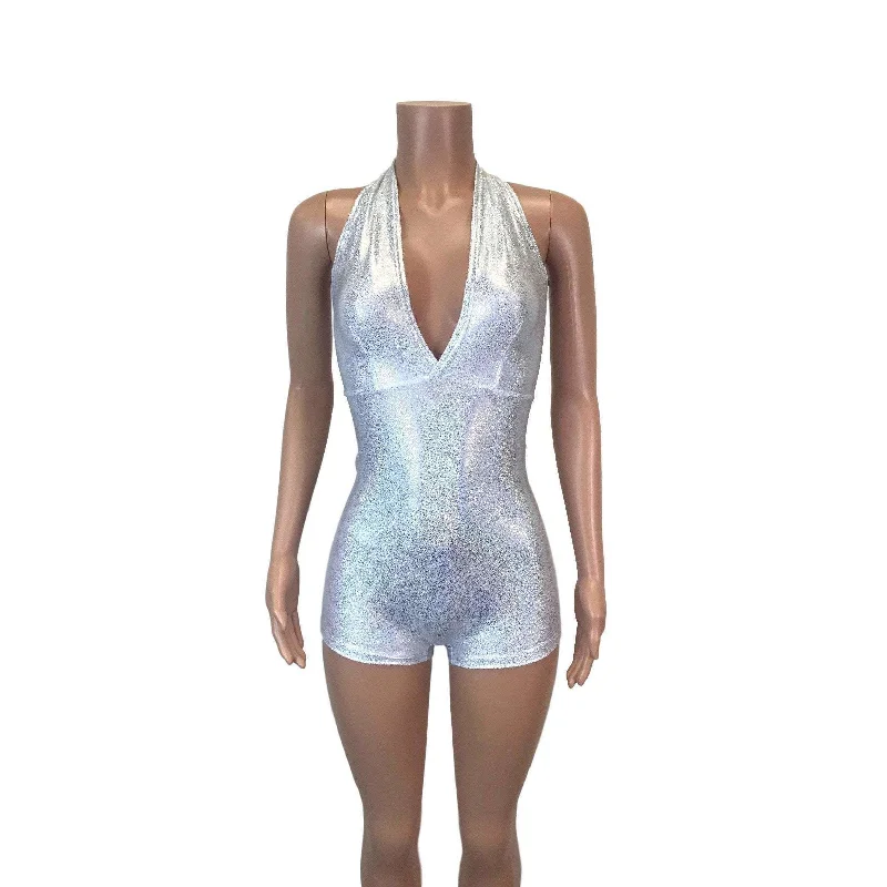 Halter Romper - Silver Holographic Embossed Velvet Romper Fancy