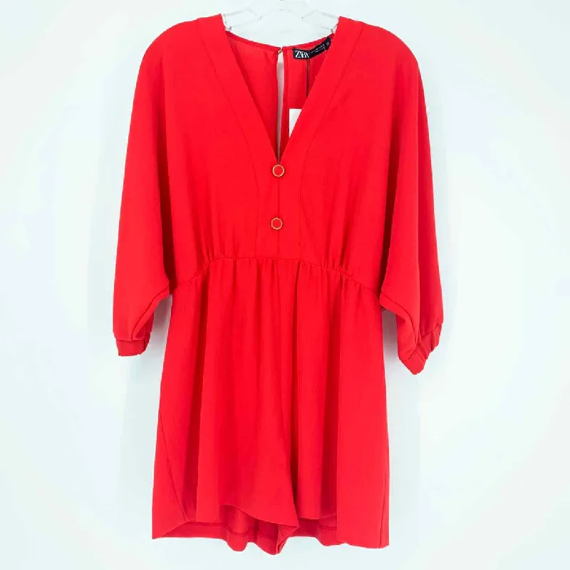Size MEDIUM ZARA Red Solid Romper Bouncy Flare Romper Feminine