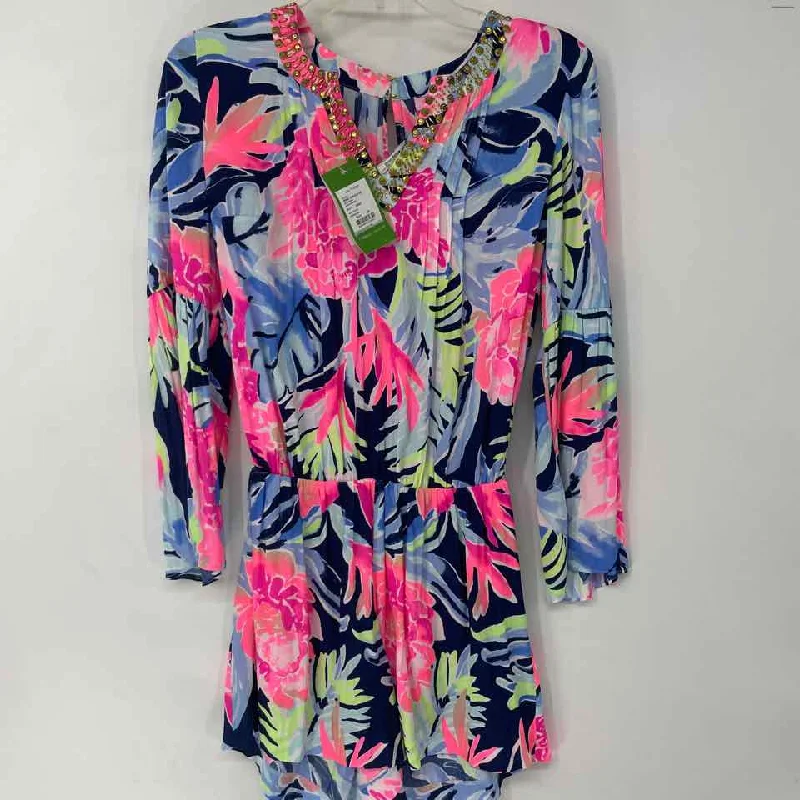 Size X-SMALL LILLY PULITZER Pink Navy Floral Romper Glitter Panel Romper Fancy