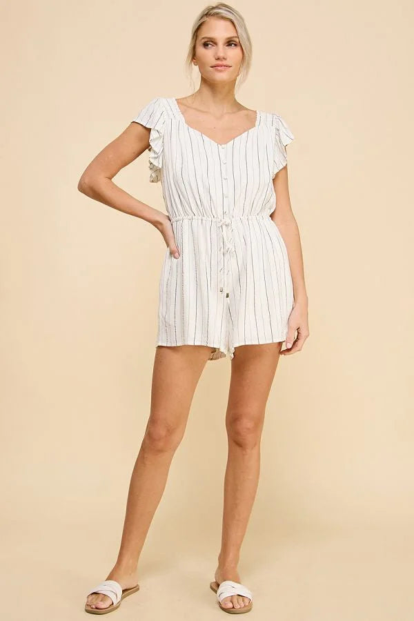 TEXTURED WOVEN STRIPED V-NECK ROMPER Classic Tailored Romper Timeless
