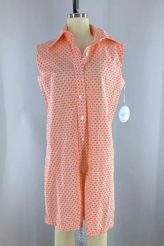 Vintage 1960s Pink & Orange Houndstooth Romper Cozy Thermal Romper Loungewear