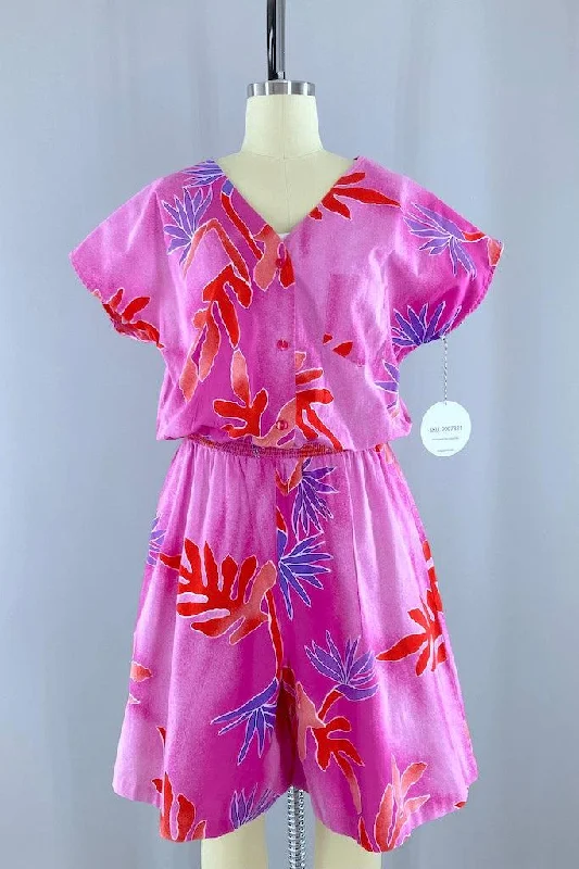 Vintage 1980s Hilo Hattie Pink Romper V-neck romper dress women
