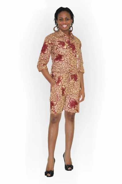 Wine and Beige African Print Romper Open Shoulder Romper Modern