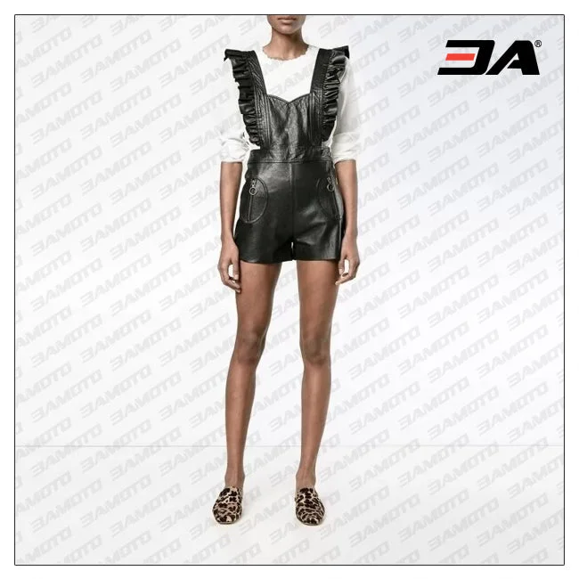 Womens Elegant One Piece Black Leather Romper Shorts Wrap Waist Romper Fashion