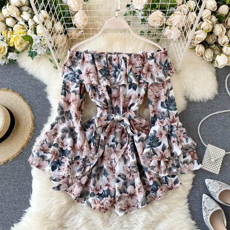 Women's Floral Off Shoulder Fashion Designer Wide Leg Rompers Shorts Checkered Pattern Romper Trendy