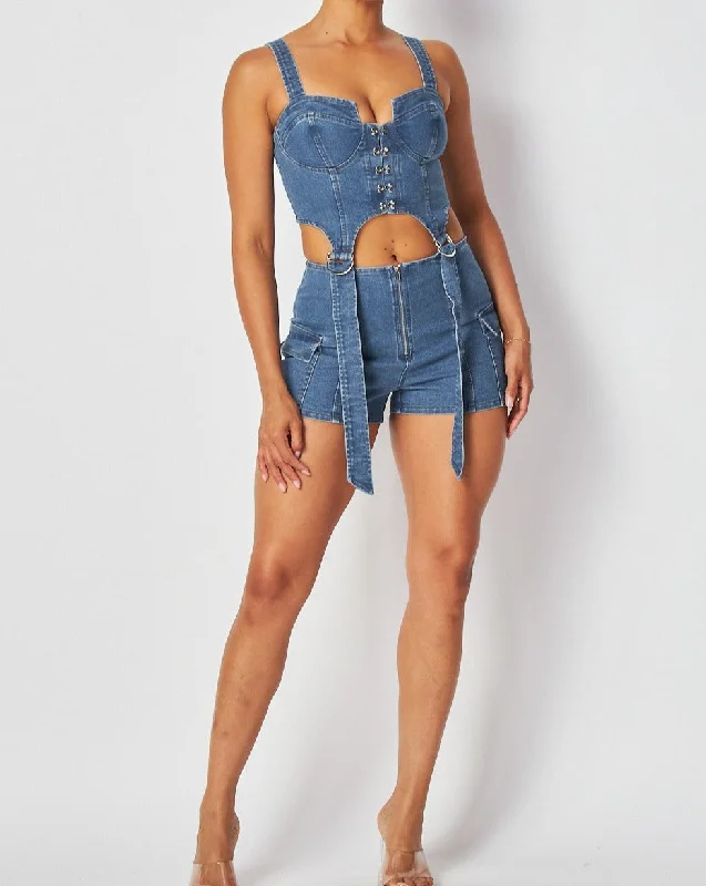 Women's Stretch Denim Cargo Romper - MUTEB2124 Tied Waist Romper Flattering
