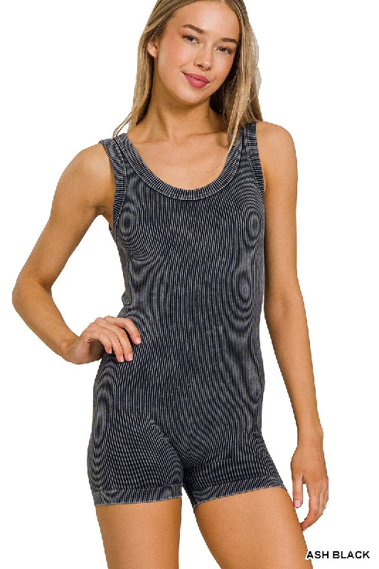 Zenana Stone Washed Ribbed Seamless Sport Romper NPW-6370 Ash Black Feminine Bow Romper Cute