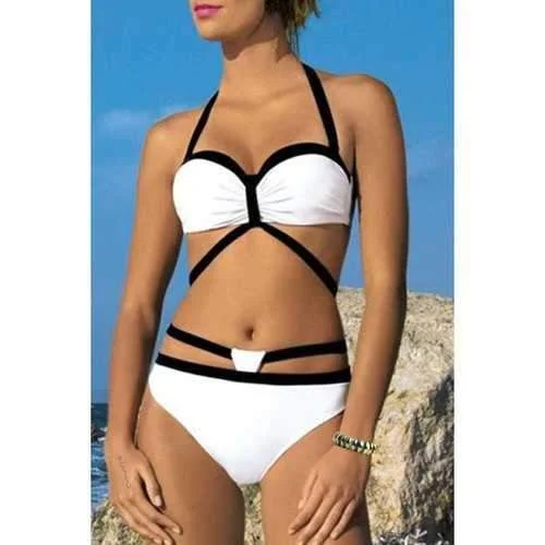 Simple Halter Color Block Bikini Set For Women - White And Black L Button-up bikini, Trendy, Comfortable, Fashionable