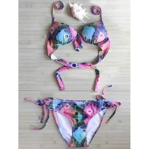 Ornate Printed Self Tie Bikini Set - Rose Red L Fringed bikini set, Fun, Sexy, Trendy