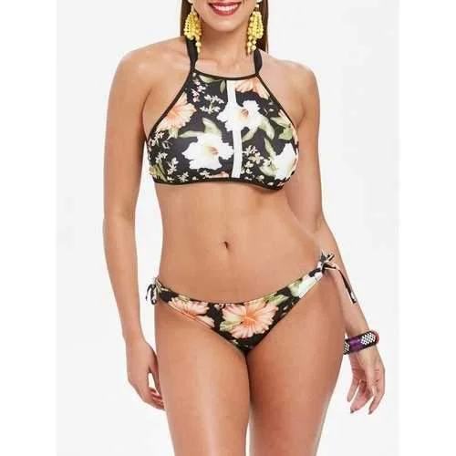 Floral Print Backless Crop Top Bikini Set - S Full coverage bikini set, Modest, Comfortable, Stylish