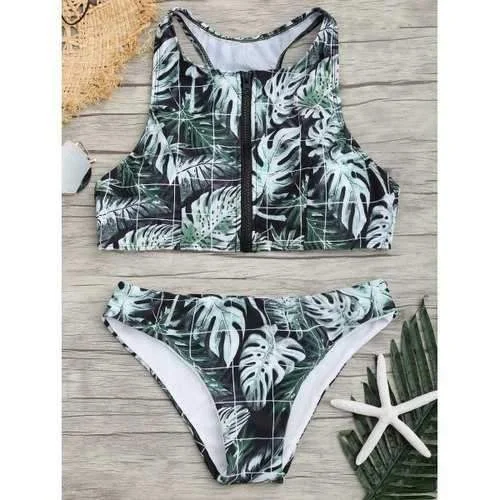 Zip Tropical Leaves Print Bikini Set - M Cross-back bikini, Sexy, Comfortable, Stylish