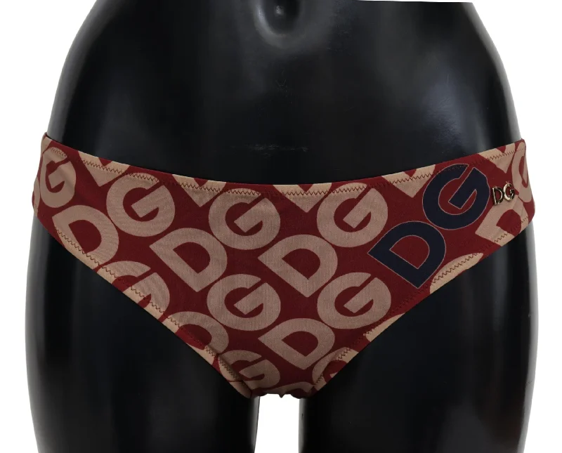 Dolce & Gabbana Chic Maroon Beige Logo Print Bikini Bottom Sheer lace bikini, Sexy, Elegant, Trendy