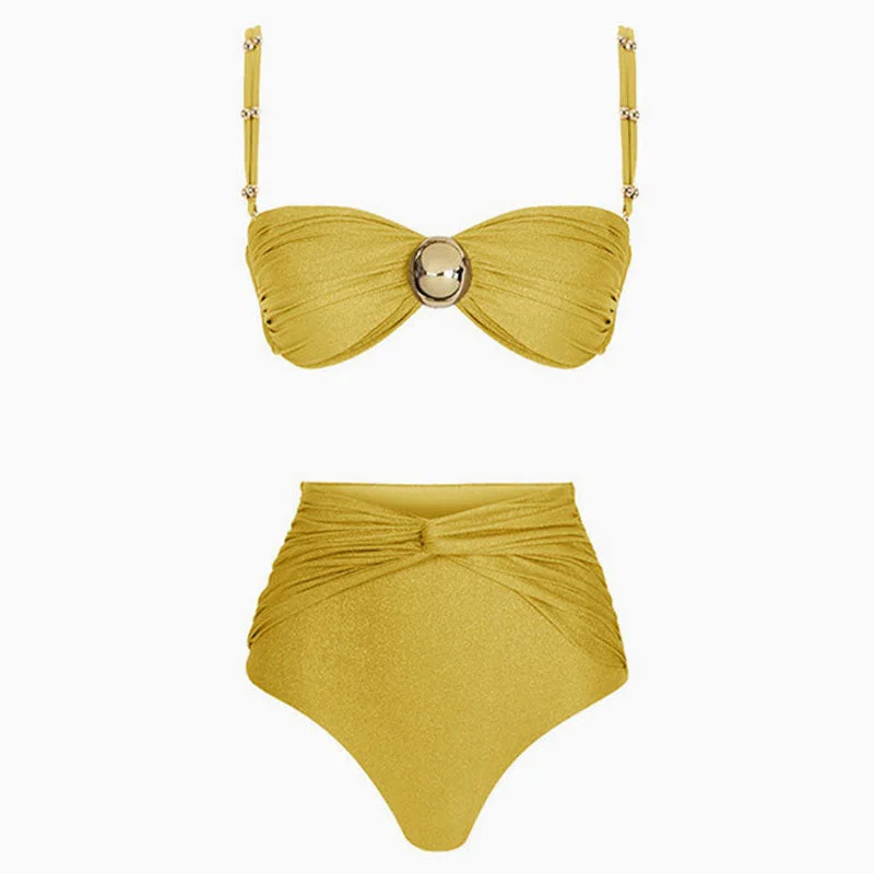 Glitter Twist Ruched High Waist Moderate Metallic Ball Bandeau Bikini Set Bikini with tie-back, Adjustable, Sexy, Comfortable