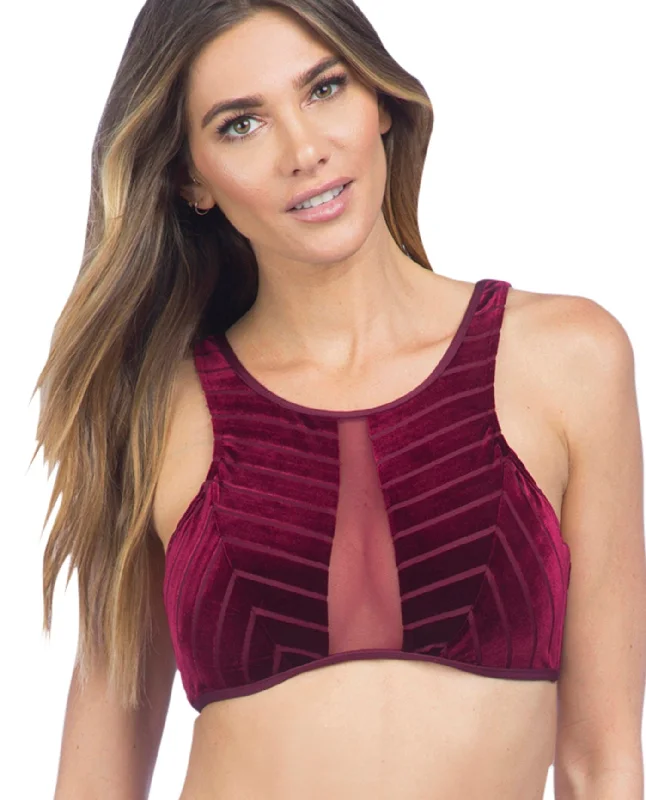 Kenneth Cole Burgundy Velvet Stripe Mesh High Neck Bikini Top Tied side bikini, Adjustable, Sexy, Comfortable