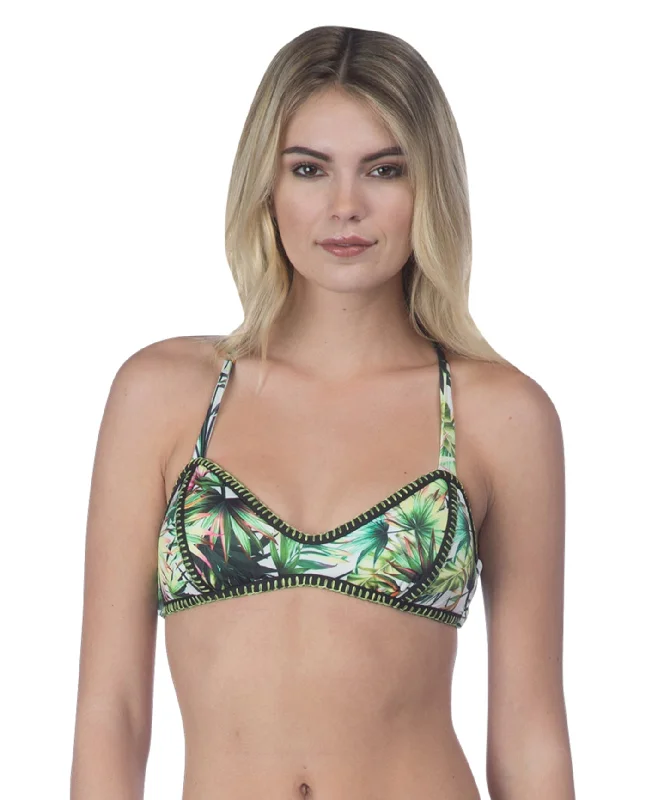 Lucky Brand Coastal Palms Cross Back Bralette Bikini Top Bikini with tassel details, Chic, Fun, Sexy