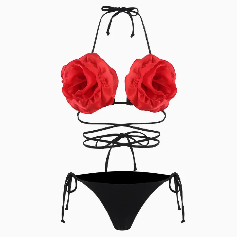 Sexy Tie String Cheeky Wrap Around Contrast Rosette Triangle Halter Bikini Set Lace-up bikini top, Trendy, Sexy, Comfortable