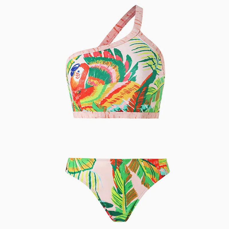 Tropical Parrot Palm Leaf Print Low Rise Cheeky Crop One Shoulder Bikini Set Bikini with lace trim, Feminine, Elegant, Sexy