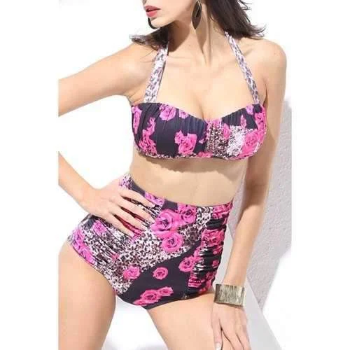Stylish Halter Neck Floral and Leopard Print High Waist Bikini Set For Women - Pink 2xl Button-down bikini, Fashionable, Sexy, Comfortable
