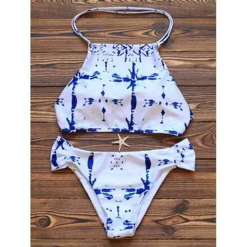 Halterneck Padded Print Bikini Set - White L Fringed top bikini, Sexy, Fun, Trendy