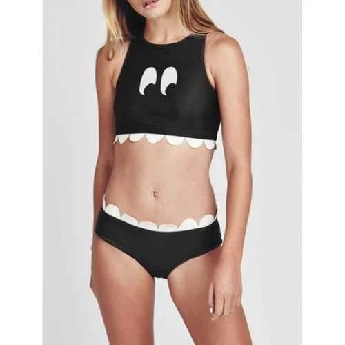 Print Racerback Scalloped Bikini Set - Black L Sports bikini, Activewear, Comfortable, Trendy