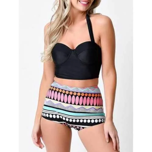 Halterneck Backless Print Bikini Set - Black L Backless bikini top, Sexy, Trendy, Fashionable