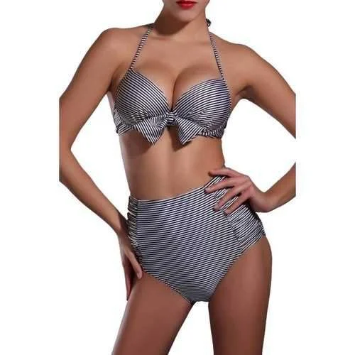 Halter High Waist Stripe Bikini - Gray L Strapless bikini top, Chic, Comfortable, Sexy