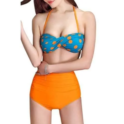 Halter Twist Bandeau High Waist Bikini Set - Orange S High-leg bikini bottom, Sexy, Retro, Trendy Halter Twist Bandeau High Waist Bikini Set - Orange S High-leg bikini bottom, Sexy, Retro, Trendy