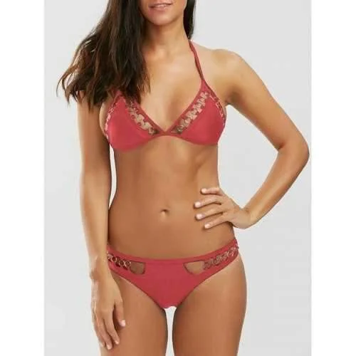 Metal Rings Halter Bikini Set - Red S Cut-out top bikini, Sexy, Chic, Stylish