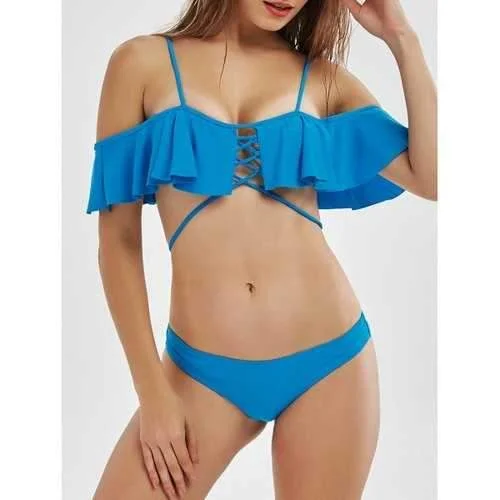 Lace-Up Cold Shoulder Wrap Bikini Set - Blue M Bikini with cut-out details, Sexy, Trendy, Chic